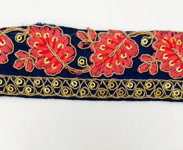Navy Blue Trim with Floral Embroidery Salmon Pink Embroidered Leaves Trim, Decorative Trim, Indian Border
